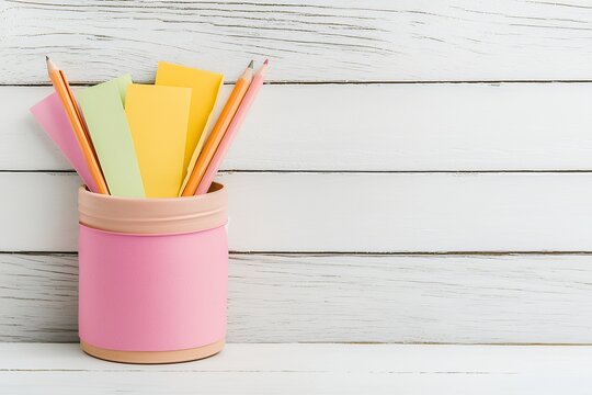 Pastel Pink Pencil Holder with Colorful Notes on White Wood