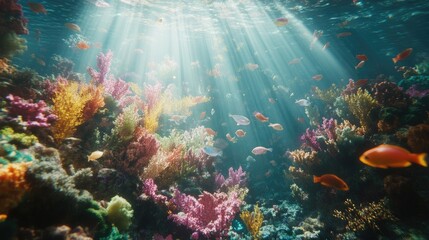 Fototapeta premium A dynamic underwater shot of a coral reef alive with colorful marine life, with sunlight beams adding a magical glow to the scene