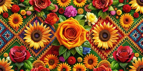 Vibrant floral wallpaper featuring intricate Aztec-inspired designs with red roses, yellow sunflowers and orange marigolds amidst lush greenery, Vibrant Colors, Floral Patterns