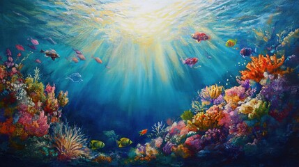 Fototapeta premium A lively coral reef underwater, featuring colorful marine life and golden sunlight filtering through the clear blue ocean above