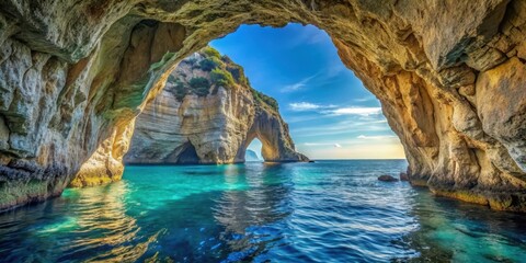 Majestic arch window in Blue Grotto caverns with turquoise sea and limestone cliffs, geological wonder, natural arch