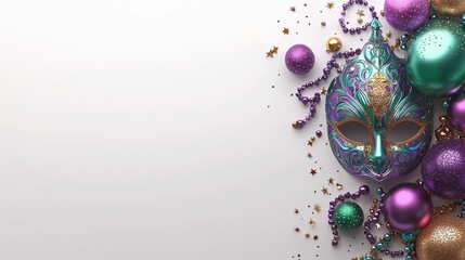 Obraz premium Elegant Mardi Gras Mask with Beads and Sparkling Decorations on White Background