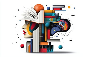 A vibrant fusion of creativity and knowledge, showcasing a woman's silhouette adorned with books and colorful abstract elements.