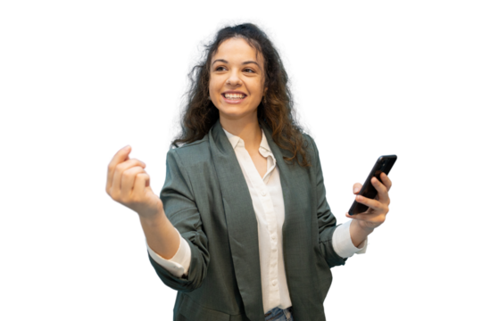 Smiling businesswoman holding smartphone and making a hand gesture on transparent background