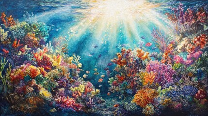 Fototapeta premium A lively underwater coral reef with vibrant marine life and sunlight piercing through the ocean, illuminating the colorful coral
