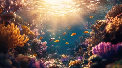 Naklejka premium A magical underwater coral reef with tropical fish swimming through colorful coral and golden sunlight filtering through the waves