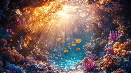 Fototapeta premium A magical underwater coral reef with tropical fish swimming through colorful coral and golden sunlight filtering through the waves