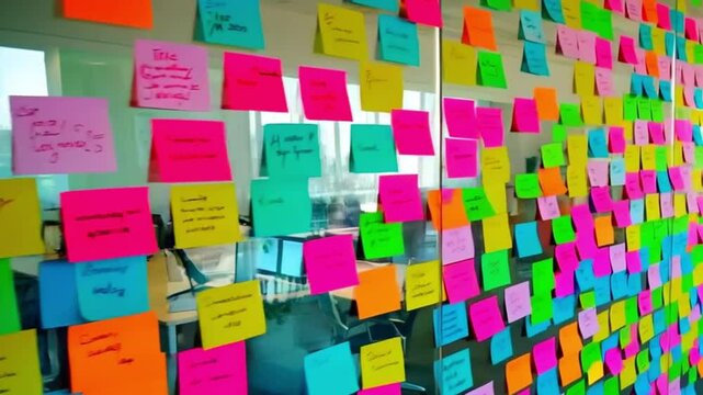 Colorful sticky notes with handwritten ideas cover a glass wall in a modern office. This dynamic and creative workspace is perfect for project plans.