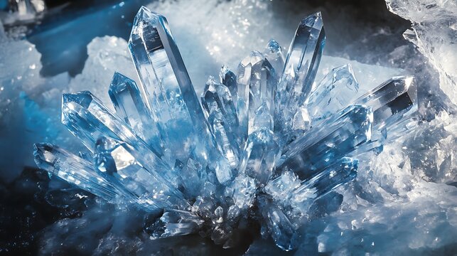 A chaotic cluster of sharp-edged, crystal-like formations in icy blues and silvers