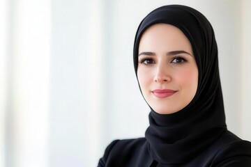 Naklejka premium The woman in a hijab is leading a business presentation focusing on diversity and leadership against a white background.