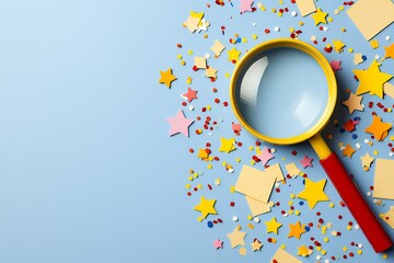 Yellow Magnifying Glass and Colorful Confetti on Blue Background