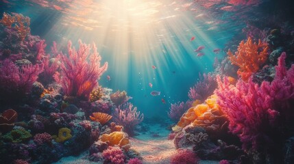 A serene underwater coral reef scene with bright marine life, colorful coral, and sunlight rays creating a glowing, magical atmosphere