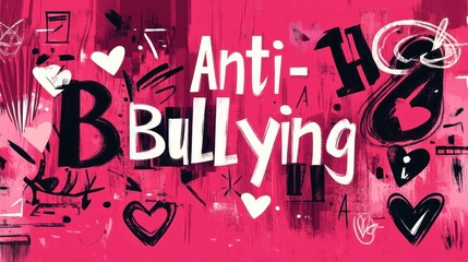 Anti-bullying poster with hearts and abstract art.