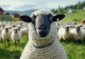 Fototapeta premium Black Faced Sheep in a Green Pasture