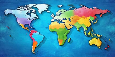 Fototapeta premium A colorful map of the world with continents and oceans in a stylized illustration style, continents