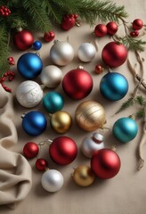A collection of colorful Christmas ornaments on a rustic linen background, baubles, vintage, holiday