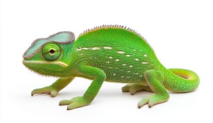 Bright Green Chameleon on White Background Profile View