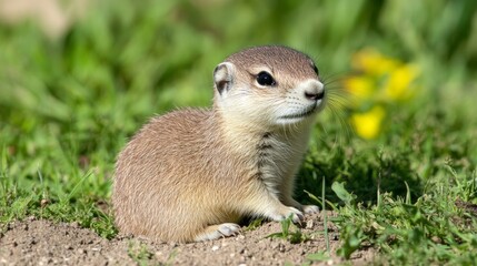 Fototapeta premium Adorable baby ground squirrel in lush green field close-up