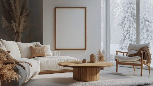 Mesa baja redonda de madera cerca del sof&aacute; y sill&oacute;n contra la ventana y la pared con un marco de p&oacute;ster en blanco. Dise&ntilde;o interior escandinavo de sala de estar moderna.