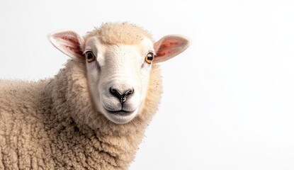 Close Up Portrait of a Fluffy Sheep Against White Background
