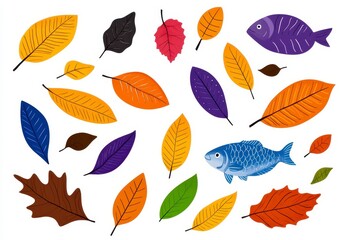 Fototapeta premium Colorful Autumn Leaves and Stylized Fish Illustration on White
