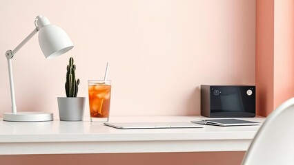 Modern Home Office Desk Setup Iced Tea Cactus Laptop Lamp