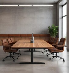 Minimalist conference table background with leather chairs and wooden accents,  leather, conference