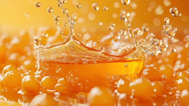 Sea buckthorn oil flows into a pool, creating splashes and droplets against a warm yellow background, highlighting its vibrant color and richness