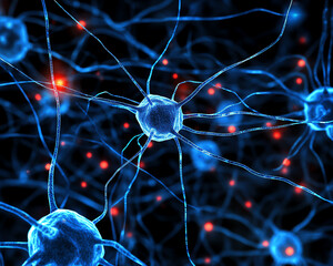 Close-up view of glowing neural cells.