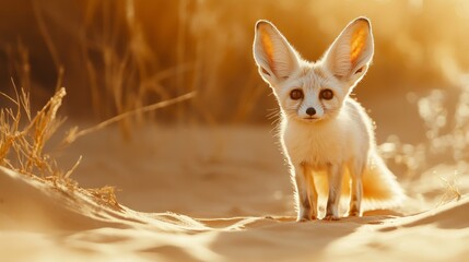 Fennec fox in golden desert light with large ears standing on sand dunes