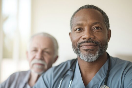 Confident healthcare professional smiles warmly, supporting elde