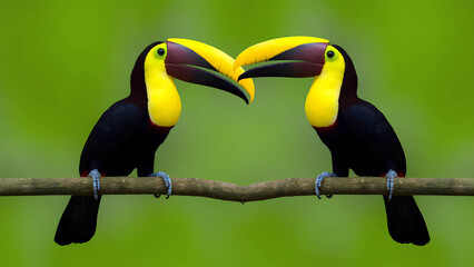 Fototapeta premium A pair of toucans perched on a branch, their beaks touching in an affectionate gesture