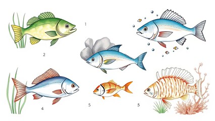 Naklejka premium Colorful Fish Illustrations Aquatic Life Marine Animals Underwater World