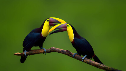 A pair of toucans perched on a branch, their beaks touching in an affectionate gesture