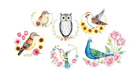 Watercolor Birds Flowers Pretty Avian Wildlife Art Print