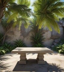 Fototapeta premium Palm fronds creating a canopy above a natural stone table, earthy, stone