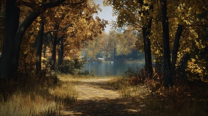 Obraz premium Golden Path Through Autumn Forest Leading To Peaceful Waterscape Scene