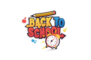 Back to school typography illustration with educational elements clock, pencil, on white background, back to school banner template, poster with kids alphabets logo