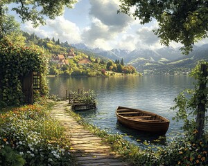 Fototapeta premium Tranquil mountain lake, scenic tranquil mountain lake reflecting the sky, peaceful tranquil mountain lake for nature lovers, Rustic garden featuring lush green vines