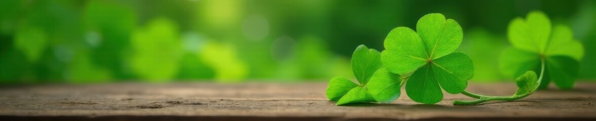 A four-leaf clover with vibrant green leaves sits on a wooden table, surrounded by lush greenery, green leaves, lucky
