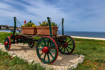 Old wooden cart on the seaside, Rovinj area, floral decoration

