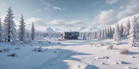 Obraz premium A frozen Arctic landscape with snow-covered trees and a small research station in the background, snowy forest, frozen tundra, ice cap