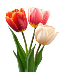 Colorful tulips in red, pink, and white with green leaves isolated on transparent background, PNG