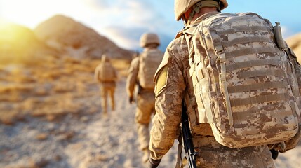 Obraz premium Soldiers In Desert Camouflage Trekking Across Arid Landscape