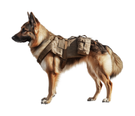 Dog equipped with tactical harness and storage packs for outdoor adventures and training in various environments, cut out