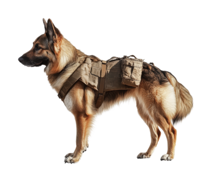Dog equipped with tactical harness and storage packs for outdoor adventures and training in various environments, cut out