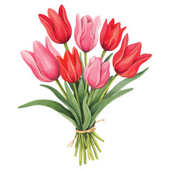 Bouquet of red and pink tulip watercolor illustration on white background