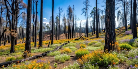 charred forest landscape with burned tree trunks and blackened underbrush amidst wildflowers, california, wildfire damage
