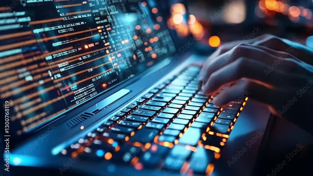 Poster close up of hands typing on a laptop keyboard, with digital code and data visualizations on the scre