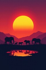 Fototapeta premium A group of silhouetted animals gathered around a watering hole at sunset, sunset, silhouette